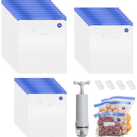 Lot de 30 sacs sous vide alimentaires s en 3 tailles avec pompe et 4 clips de fermeture pour sacs de congélation et rangement sous vide (1/5)