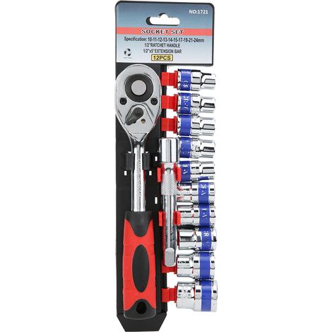 Kit de 12 douilles hexagonales 1/2 pouce, porte-embouts, clé à douille, acier CR V, tailles 10-11-12-13-14-15-17-19-21-24 mm, outillage combiné. (1/5)