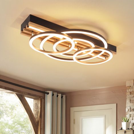 GBLY LED Deckenleuchte Holz 50x32cm 60W dimmbar 4 Ringe Rechteckiges Design für Wohnzimmer Küche Flur Büro Esszimmer
