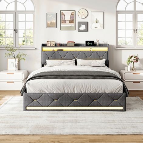 Lit Coffre 140x200 cm avec sommier, Tête et pied de lit à LED, tête de lit rangement avec USB, lin gris, meuble chambre design moderne (1/5)