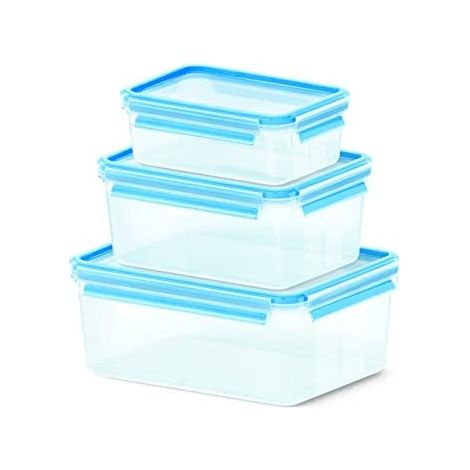 Emsa Clip &amp Close Set di 3 conservatori ermetici rettangolari in plastica, igienici, non trattengono odori o sapori 100% senza BPA, trasparenti e blu, 1 L/2,3 L/3,7 L
