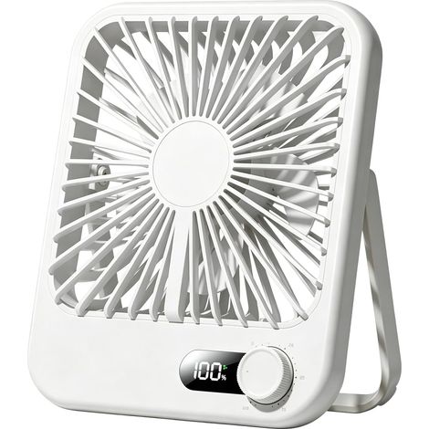 Ventilador de escritorio USB recargable con 100 velocidades, pantalla LED digital, silencioso y ligero, cabezal giratorio de 180°, blanco. (1/4)