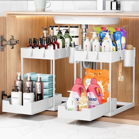Rangement sous Evier 2 étages,Organisateur sous Evier Tiroir Coulissant à Extraction,étagère de cuisine, étagère à épices, Panier de rangement multifonction pour salle de bain–Blanc,2PCS (1/5)