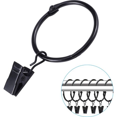 30 Pièces Anneau de Rideau avec Clips, Anneaux de Rideau en Métal Anneaux de Suspension avec Clips pour Rideaux et Tringles, Facile Ouvert et Fermer, 38mm Diamètre Intérieur(Noir) (1/5)
