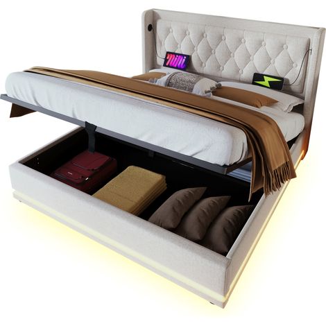 Lit coffre double 140 x 200 cm en tissu beige avec tête de lit capitonnée, LED 3 côtés, USB-C et rangement hydraulique – CHICFURN (1/5)