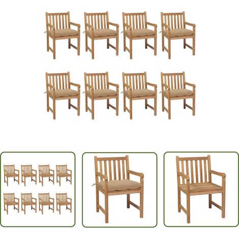 The Living Store Chaises de jardin lot de 8 avec coussins beige Bois teck solide - Chaise De Jardin - Mobilier De Jardin - Set De Chaises - Terrasse - Jardin (1/5)