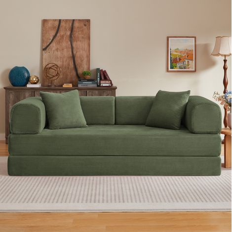 CHICFURN Sofá cama plegable de 2 plazas en terciopelo acanalado verde, con colchones de espuma de alta densidad, estructura de acero y 2 cojines para salón y dormitorio (1/5)