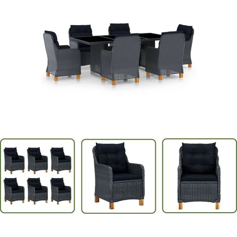 The Living Store 7-tlg. Garten-Essgruppe mit Auflagen Poly Rattan Dunkelgrau - Gartensessel - Gartenstuhl - Outdoor Furniture - Gartenmöbeln - Balkonmöbel (1/5)