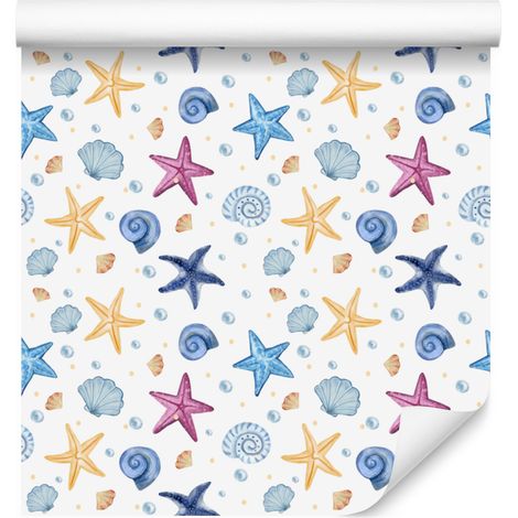 Carta da parati con stelle marine, bianca e azzurra, per soggiorno e camera da letto, 50x1000 cm. (1/5)