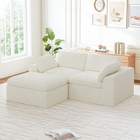 Canapé Modulable 2 Places avec Pouf en Tissu Chenille,Canapé Compressé Sans Assemblage,Profondeur d'Assise 60cm,Salon Moderne Beige,204x182x65cm (1/5)