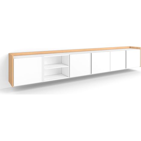 Skraut Home - Mueble TV, Televisión, Muebles de salón, almacenaje, 309x35x50cm, Para TV hasta 80", Colgado, Suspendido, Estilo Moderno, Blanco y roble soft (1/5)