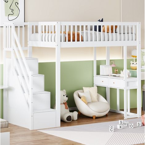 Cama alta de madera blanca 90x200 cm con escalera de almacenaje y mesa multifunción (1/5)