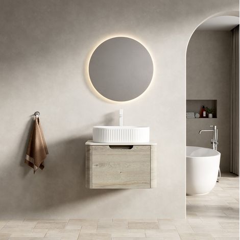 Meuble vasque suspendu 60 cm moderne avec vasque ovale intégrée, plan en pierre frittée effet travertin et 1 tiroir soft-close (1/5)