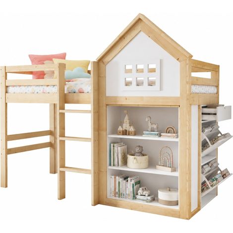 Lit mezzanine enfant 90x200 cm avec rangements, trois tiroirs, escalier sécurisé et barrières, design maison blanc et naturel  CHICFURN (1/5)