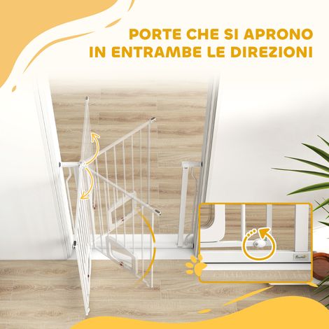 Barrière extensible chien chat avec passage intégré, 75-85x2x76 cm, blanc, acier et ABS. (1/5)