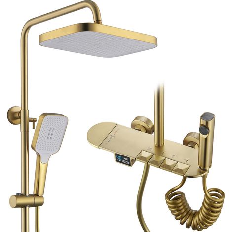 Colonne de Douche Thermostatique Dorée Brossé, 4 Touches du Piano Systèmes de Douche avec Affichage Numérique LED, 30x20cm Ensemble de Douche, avec Robinet de Bain, 59A Laiton, Réglable Hauteur (1/5)