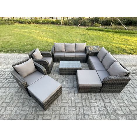 Fimous 10 places Ensemble de canapés en rotin avec Canapé 3 places Chaise inclinable 2 Grand tabourets Canapé 3 places Table d'appoint Gris foncé mixte (1/5)