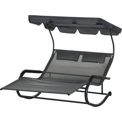 Bain de soleil double avec pare-soleil, appuie-têtes, fonction bascule ergonomique, 2 roues, 200 x 139 x 140 cm, noir