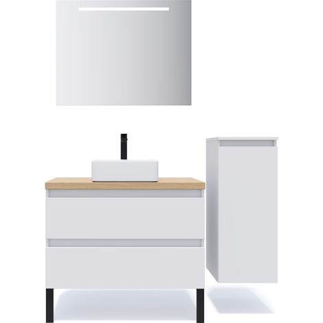 Meuble de salle de bain suspendu vasque à poser 90cm 2 tiroirs Blanc + miroir + colonne ouverture droite - Hudson (1/5)