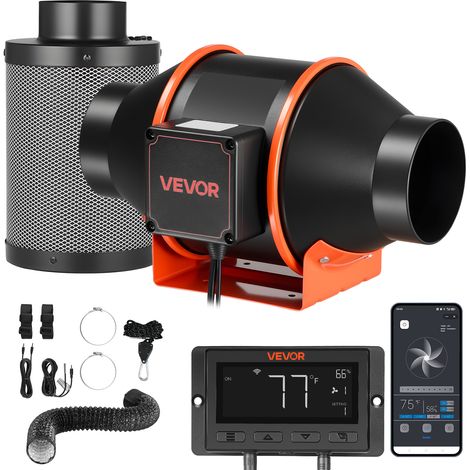 VEVOR 101,6mm Rohrventilator mit Kohlefilter, 349m³/h Inline-Rohrlüfter mit PWM & App-Steuerung, Kanalventilator mit 10 Stufen 9h Timer & EC-Motor, Abluftventilator für Gewächshaus Keller Rauchabzug (1/5)