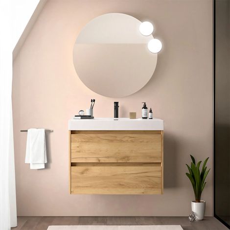 Mobile bagno sospeso 80 cm rovere africa con due cassetti e lavabo in resina Gaya (1/5)