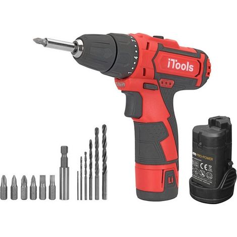 Visseuse sans fil 12V Batterie Lithium 1.5Ah LED + Coffret 6 embouts de vissage + 6 forets + Adaptateur VITO