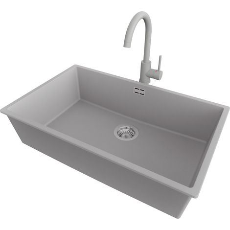 PRIMAGRAN Evier Sous Plan 76x47cm,Evier en Granit 1 bac + Robinet 32x20cm + Kit de Vidage, Évier au meuble 80cm - London, Gris (1/5)