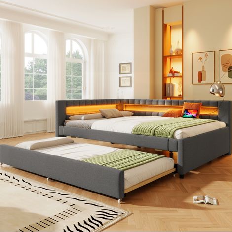 Divano letto in lino grigio 140x200 cm con letto estraibile, LED, USB e Type-C (1/5)