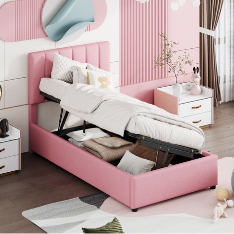 Lit enfant 90/200 cm rose en lin avec rangement hydraulique (1/5)
