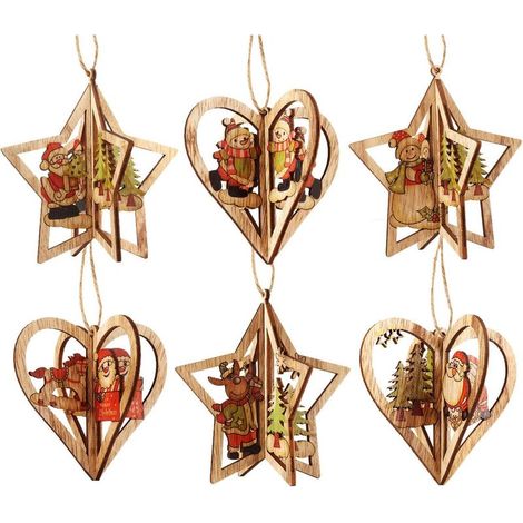 Decorazioni 3D per l'albero di Natale, ornamenti per l'albero di Natale, ciondoli in legno fatti a mano, Babbo Natale di Natale, albero di Natale, slitta, pupazzo di neve (1/5)