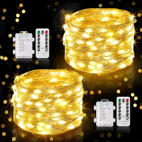 Guirlande Lumineuse Sur Piles - 10 M - 100 Led Blanc Chaud - Avec Télécommande Et Minuterie - Étanche - Pour Décoration Intérieure Et Extérieure - 2 Pièces (1/5)