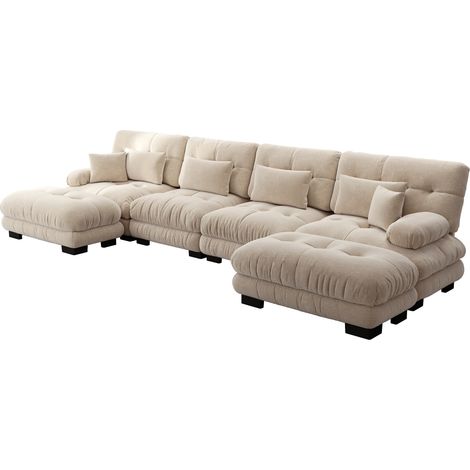 Canapé d'angle modulaire en chenille vintage beige clair, 4 places avec ottoman mobile (1/5)