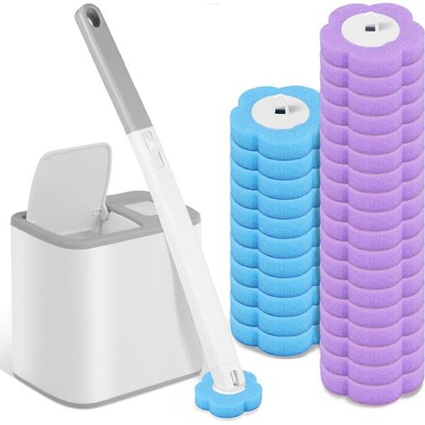 Toilet Brush - Disposable Refill Heads - 360° Cleaning - Wall Mountable Holder - Ergonomic Handle - Includes 30 Refills Sponge And Toilet Seat Holder - Grey (1/5)