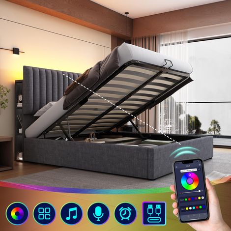 Lit rembourré avec rangement, lit double, éclairage LED, contrôlé par application, fonction de chargement USB Type-C, espace de rangement et tête de lit réglable, 140x200cm, cadre à lattes en bois (1/5)