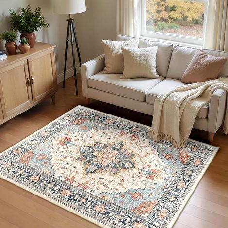 Tapis de Salon Lavable en Machine 120x180 cm Vintage à Faible Poil Antidérapant avec Motif Imprimé Tapis Chambre pour la Chambre à Coucher, Le Bureau à Domicile, Beige/Bleu/Orange (1/5)