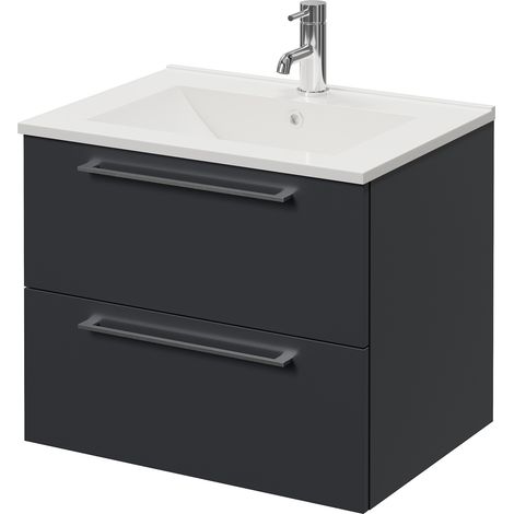Napoli 460 Gloss Grey 600mm Wall Mounted 2 Drawer Vanity Unit with Angel Basin - 600mm - Chrome 320mm Handle
