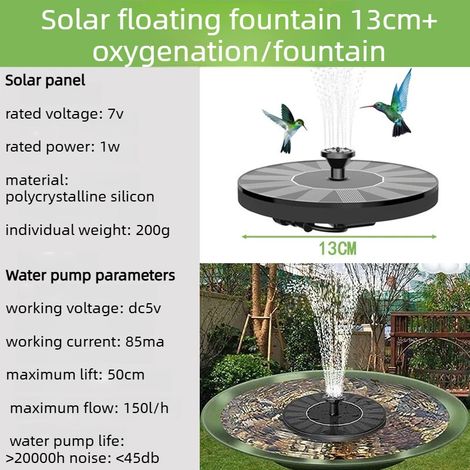 Fontaine solaire d'extérieur (13 cm) avec pompe et 6 buses, idéale pour un bain d'oiseaux, une cour, un jardin, une piscine, un bassin, un aquarium ou toute autre pièce décorative. (1/5)