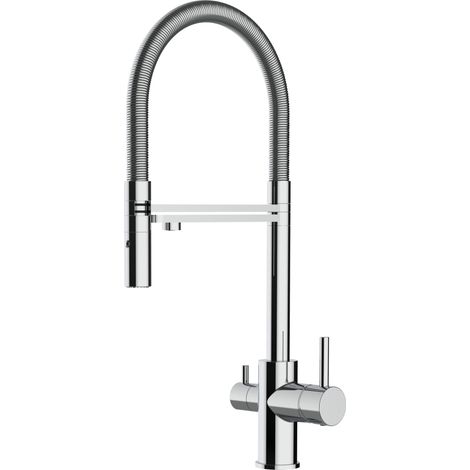 Rubinetto 3 vie miscelatore cucina cromato con canale separato per acqua filtrata, canna mollettone movibile e doccia due getti staccabile (1/5)