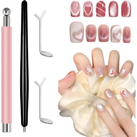 Set professionale di 4 magneti per unghie effetto occhio di gatto con strumento per modellare il cuore  Penna per nail art 3 in 1 per splendide french manicure, grandi disegni e cuori  Penna nera per  (1/5)