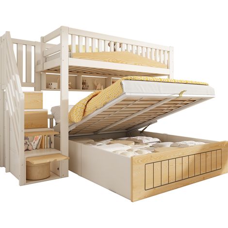 DOKEA Lit superposé enfant 90 x 200 et 140 x 200 cm avec coffre hydraulique, escalier-coffre, barrière et USB-C, naturel - sans matelas (1/5)