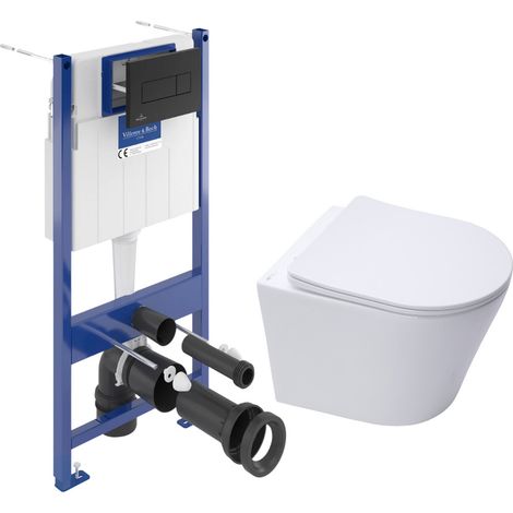 Pack WC con bastidor Villeroy & Boch + Inodoro sin brida SAT infnitio + asiento SoftClose + placa negra (VCNINFI4)
