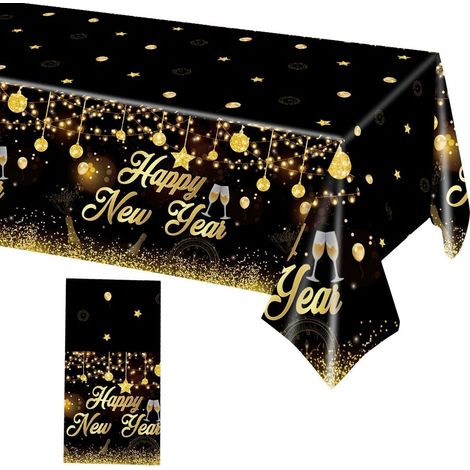 Tischdecke Silvester Deko Schwarz Gold mit "Happy New Year" Aufdruck