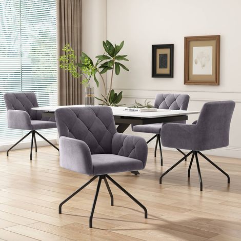 Lot de 4 chaises velours gris dossier diamant pieds métal soutien lombaire salle à manger (1/5)