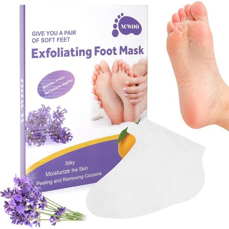 Mascarilla exfoliante para pies, 4 pares de mascarillas hidratantes exfoliantes de lavanda para pies, mascarilla exfoliante para pies, calcetines exfoliantes, para nutrir callosidades, grietas y pies (1/5)