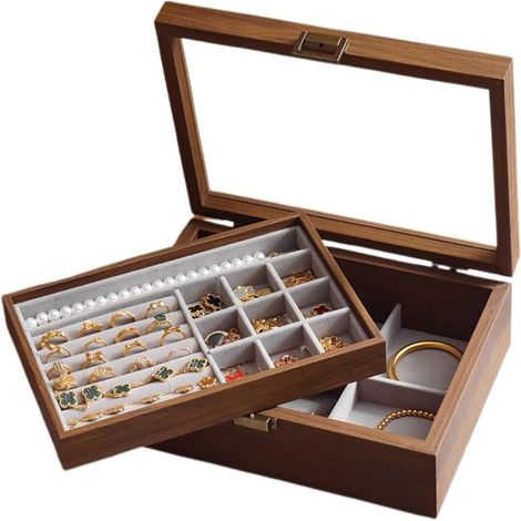 Boîte à bijoux vintage en noyer noir avec couvercle en verre et serrure – Peut contenir colliers, boucles d'oreilles, bagues, bracelets et montres (1/5)