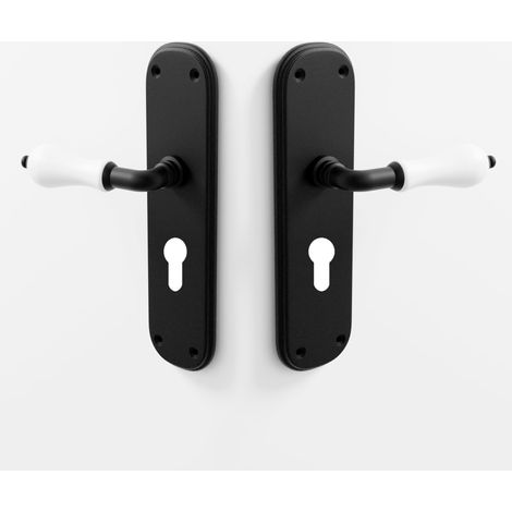 Poignée de porte avec plaque – Finition noire avec manche en porcelaine blanche  Plaque de 236 x 65 mm (Bouche 85 mm) (1/5)