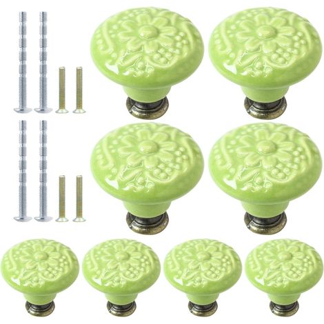 Lot de 8 boutons en céramique vert citron, vintage et rétro pour cuisine et commode, poignées de tiroir décoratives pour placard, placard et portes de meubles (1/5)