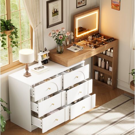 Coiffeuse pivotante avec miroir LED, bureau 2-en-1, 7 tiroirs, 105x40x80 cm, blanc et bois naturel (1/5)