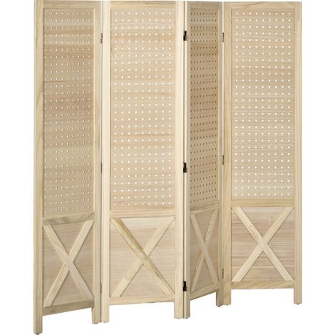 Paravent en bois naturel 4 panneaux pliable, séparateur de pièce avec panneaux ajourés, 152 x 1,7 x 144,5 cm, cloison décorative intérieur (1/5)