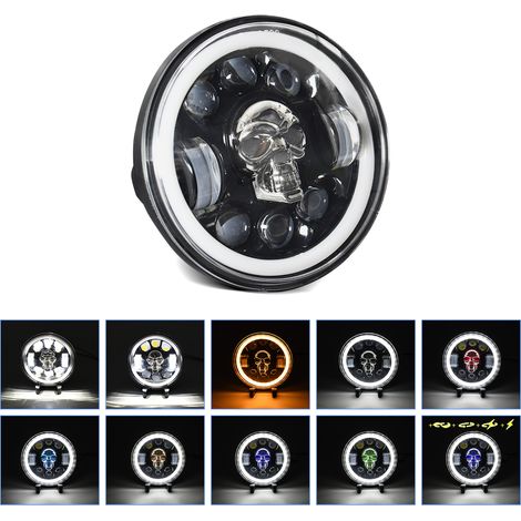GARRYFIZH Phare LED Motocyclette 5.75 Pouces avec Design Crâne, Feu de Route/Croisement, DRL, Clignotant et Anneau Ange Coloré - Personnalisation Unique, Haute Luminosité (1/5)